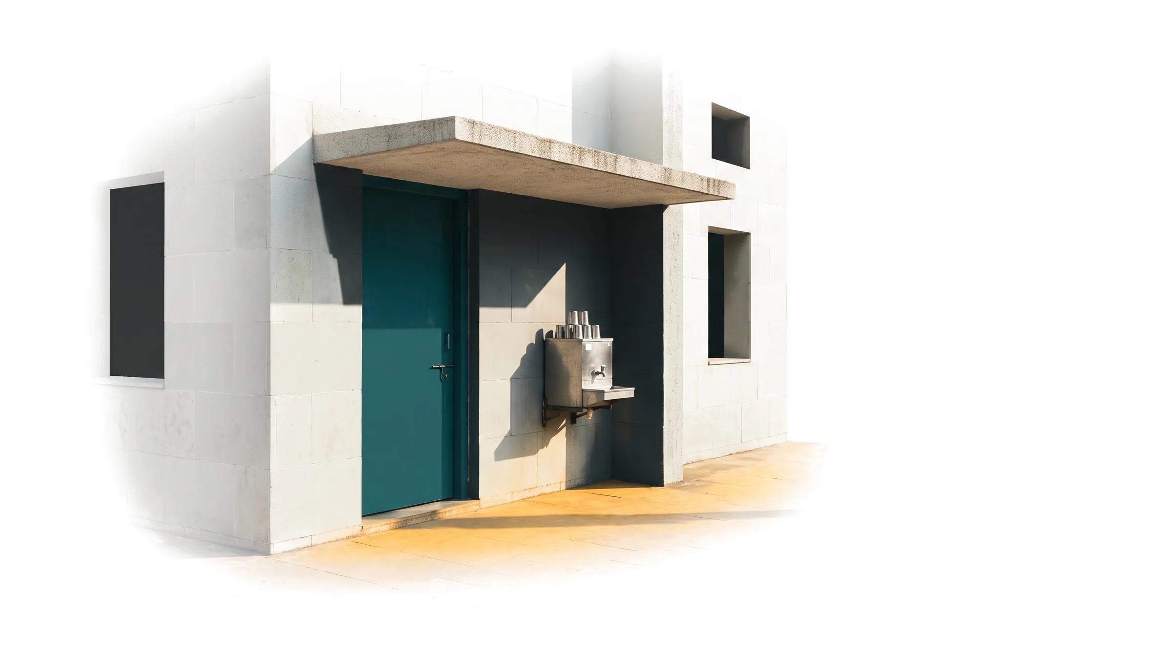 Entrance of a public clinic with a teal door and a drinking water point in the shade
